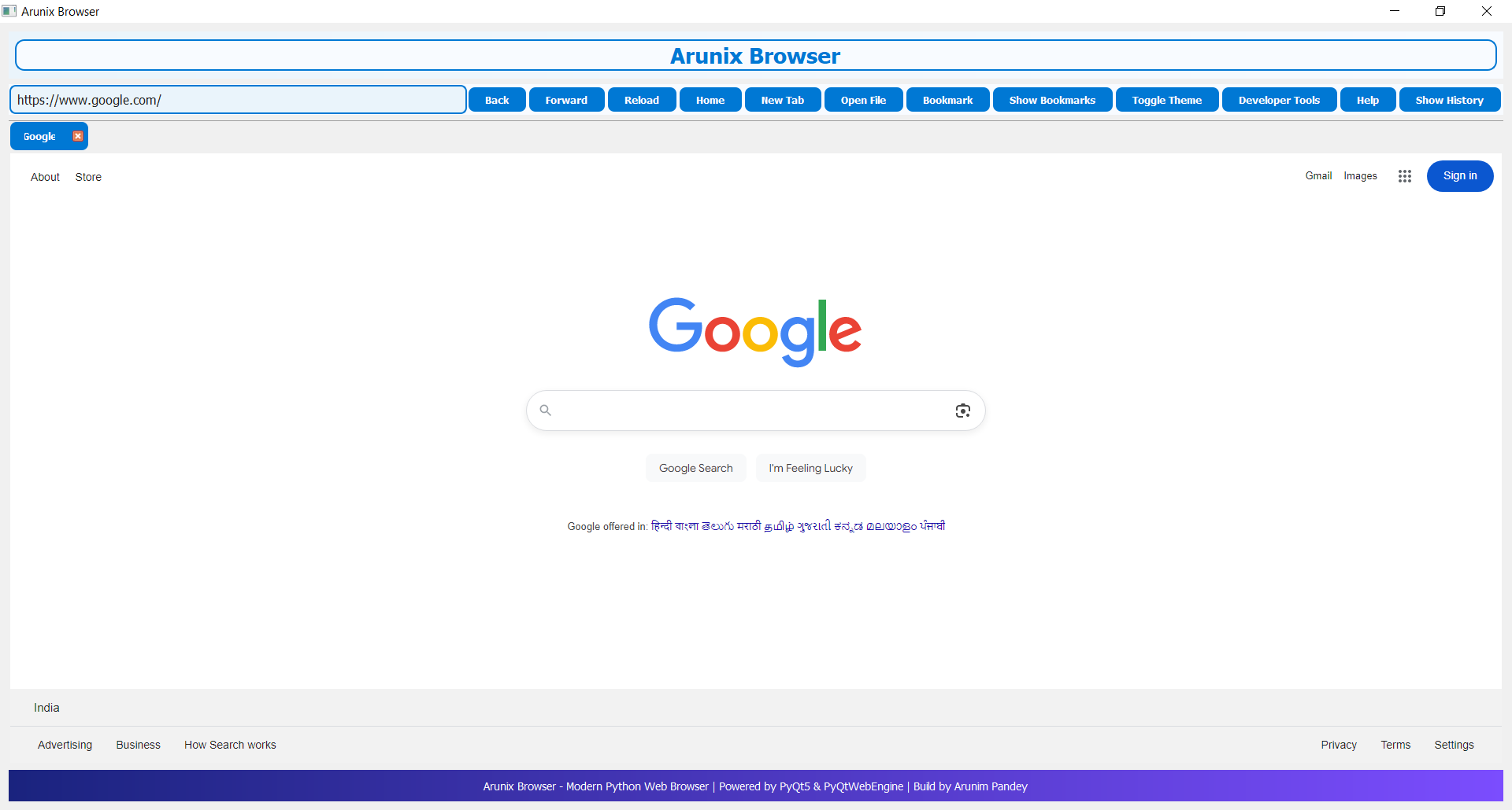 Arunix Browser Main Window
