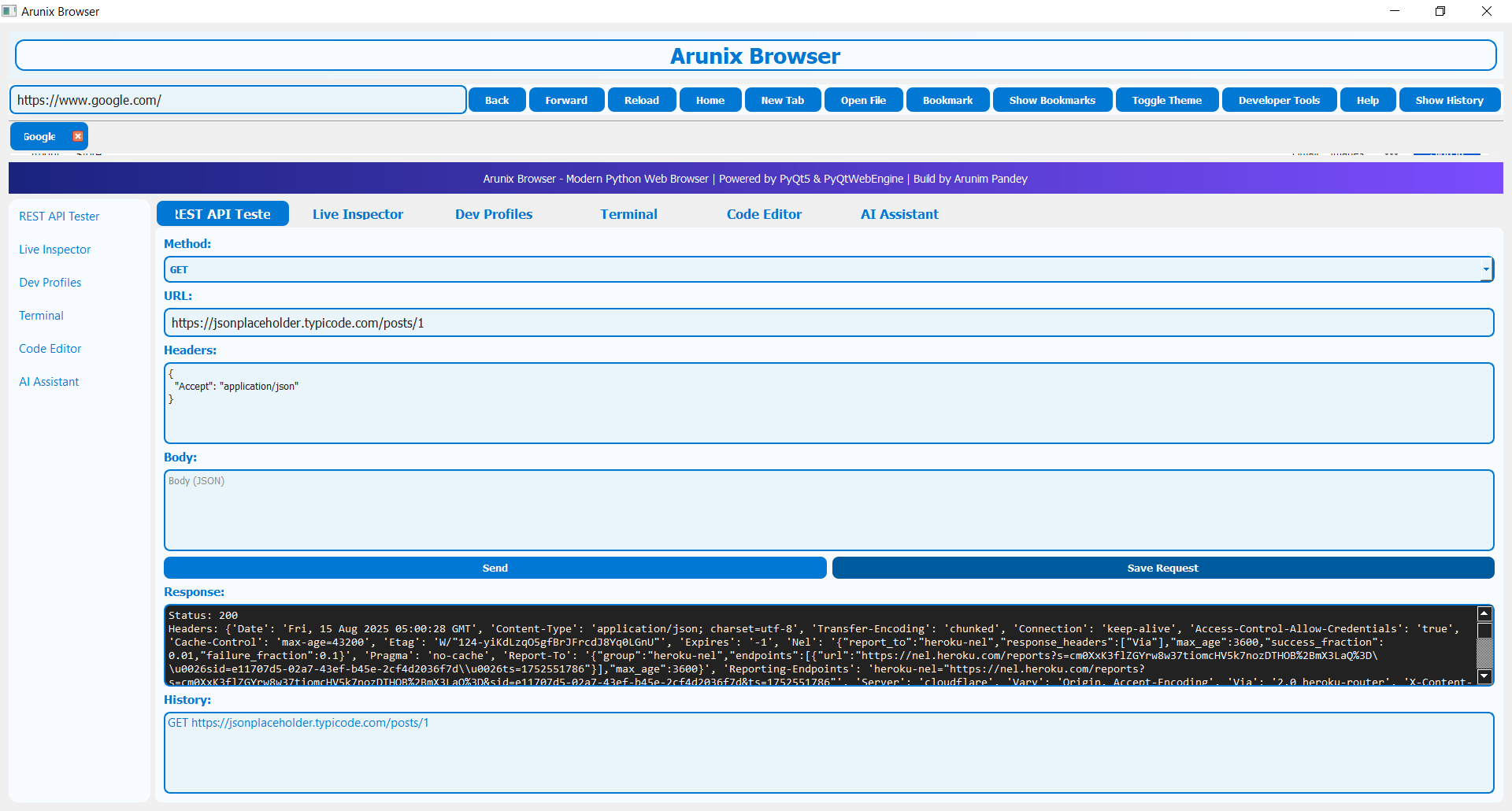 Arunix Browser GET API Tester