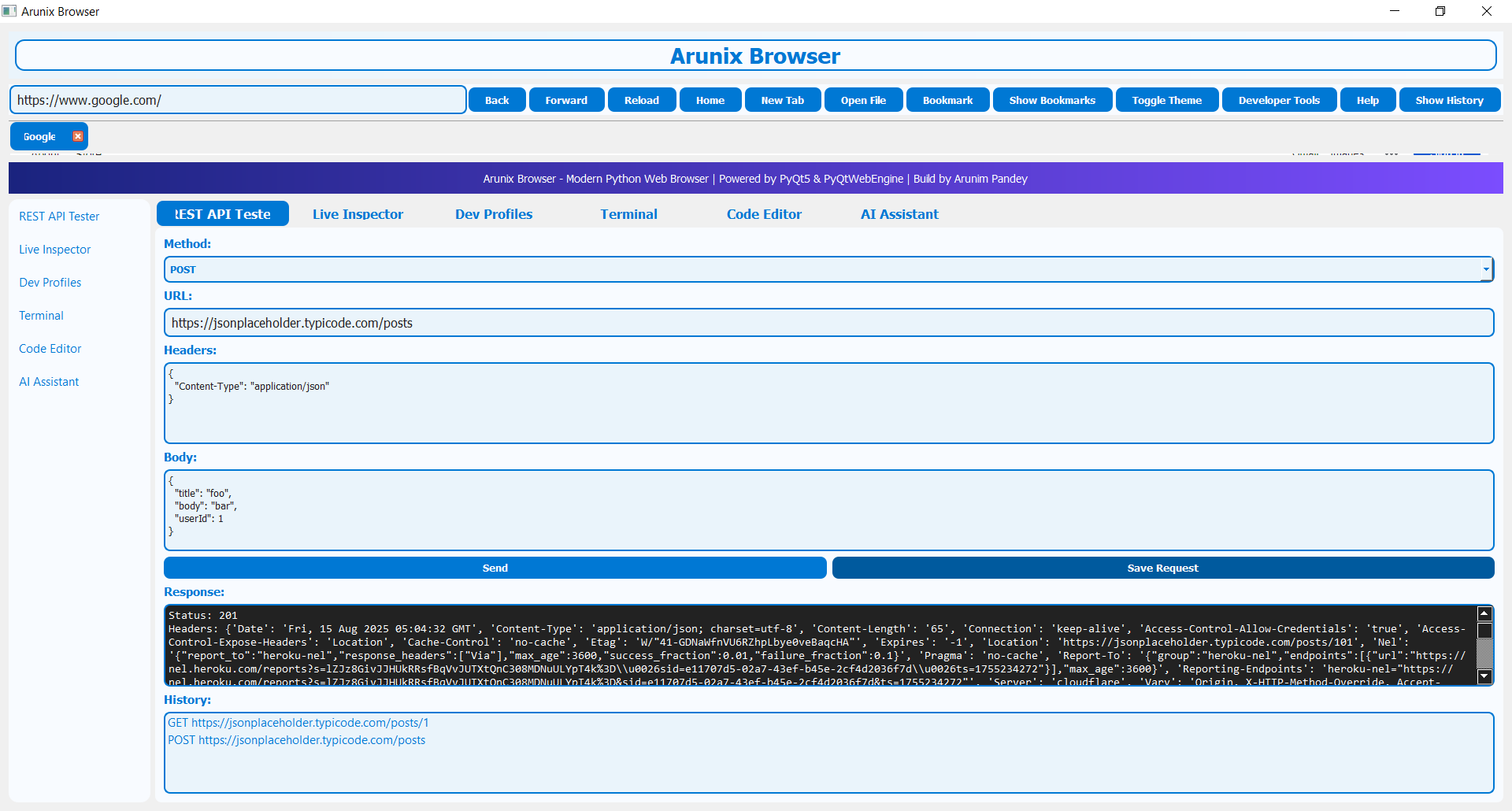 Arunix Browser POST API Tester